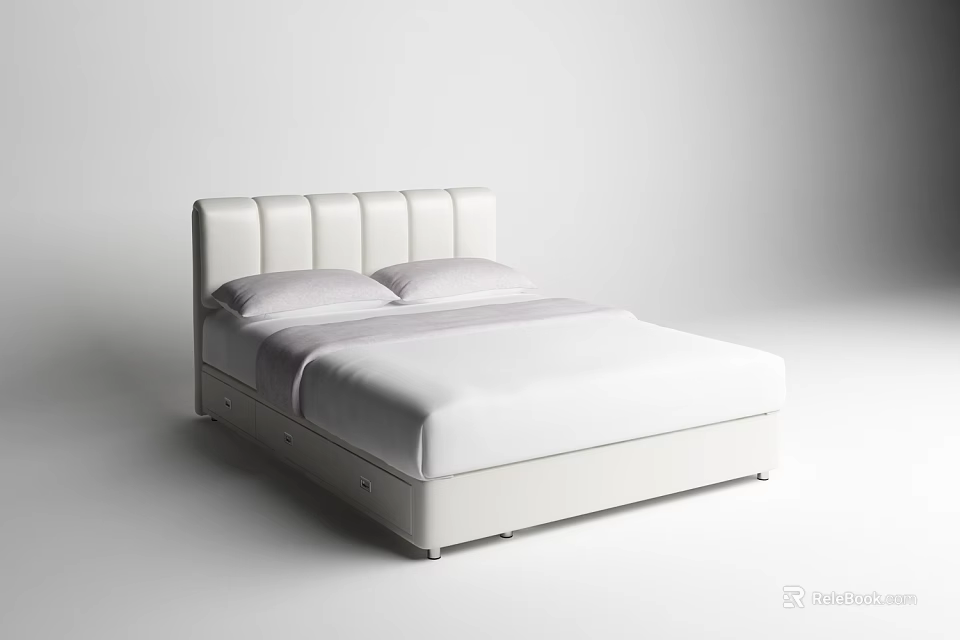 Modern White Double Bed With Upholstered Headboard And Soft Bedding 3d model