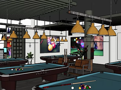 Modern Billiard Room Interior Design With Multiple Pool Tables Hanging Pendant Lights And Colorful Posters 3d model