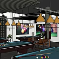 Modern Billiard Room Interior Design With Multiple Pool Tables Hanging Pendant Lights And Colorful Posters