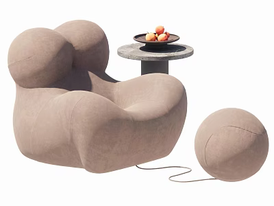 Beige Plush Lazy Sofa With Rounded Design Small Round Table Fruit Plate And Spherical Ottoman 3d model