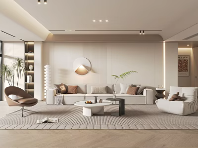 Modern Living Room With Beige Sofa Round Wall Lamp Brown Armchair And Wooden Floor Rug 3d model