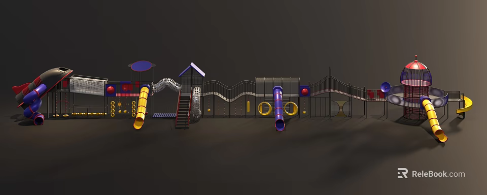 Outdoor Kids Playground Structure With Yellow Purple Slides Mini House Climbing Net And Circular Decorations 3d model 