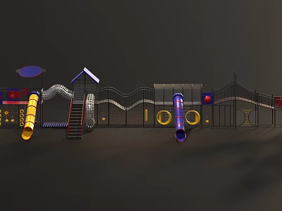 Outdoor Kids Playground Structure With Yellow Purple Slides Mini House Climbing Net And Circular Decorations 3d model
