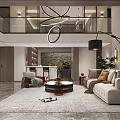 Modern Duplex Living Room Interior With High Ceiling Circular Chandelier Stone Wall And Staircase