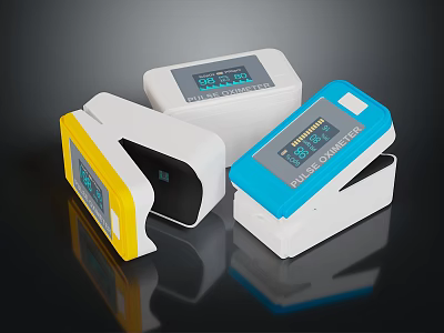 Pulse Oximeters in Yellow White Blue with Digital Display Readings on Black Background 3d model