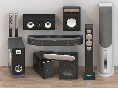 Modern Audio Speakers With Various Styles Including Bookshelf Floorstanding Soundbar And Subwoofer 3d model