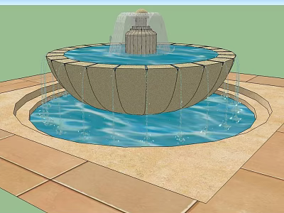 Multi Tiered Garden Fountain With Central Column And Flowing Water Pool 3d model