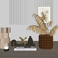 Decorative Ornament Set with Brown Vase Pampas Grass Gold Sculpture and Books for Modern Home