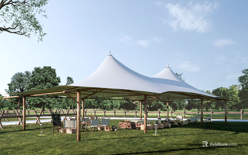 Outdoor Area With White Tensile Membrane Structures Tables And Chairs Surrounded By Grassland And Trees 3d model 