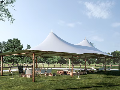 Outdoor Area With White Tensile Membrane Structures Tables And Chairs Surrounded By Grassland And Trees 3d model