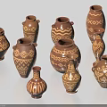 Artisanal Ceramic Vessels With Intricate Geometric Patterns Various Shapes And Sizes 3d model