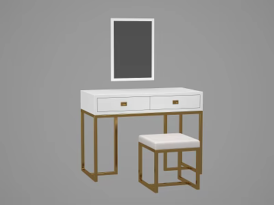 Modern White Dressing Table With Golden Legs Two Drawers And Matching Stool Mirror 3d model