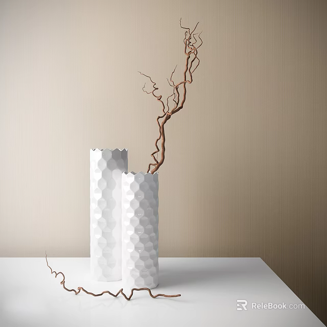 Modern White Vases with Hexagonal Texture and Brown Twigs on White Table Beige Wall Background 3d model 