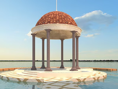 Scenic Gazebo With Red Tiled Dome And Columns On Water Under Blue Sky 3d model