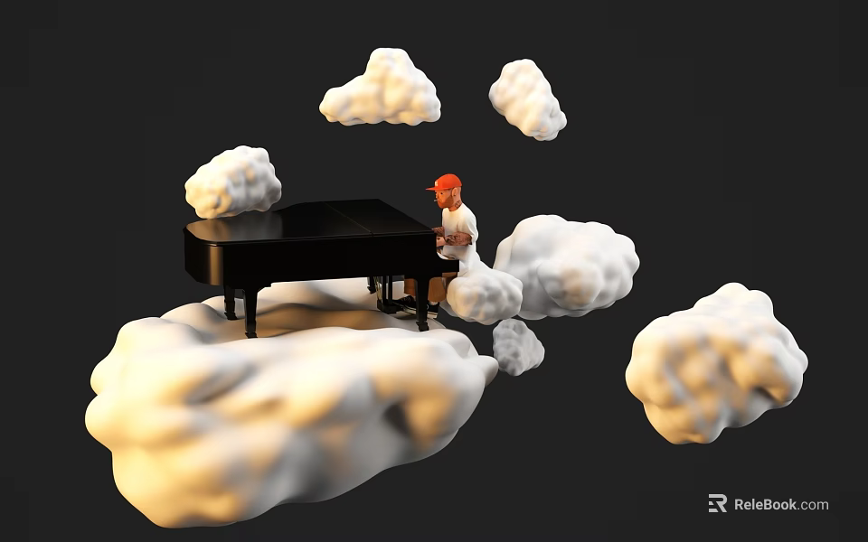 A Man Playing Black Piano While Sitting on Floating Clouds in Sky 3d model 