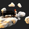 A Man Playing Black Piano While Sitting on Floating Clouds in Sky