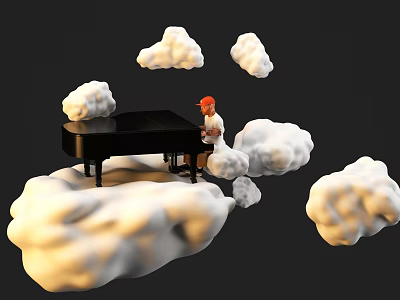 A Man Playing Black Piano While Sitting on Floating Clouds in Sky 3d model