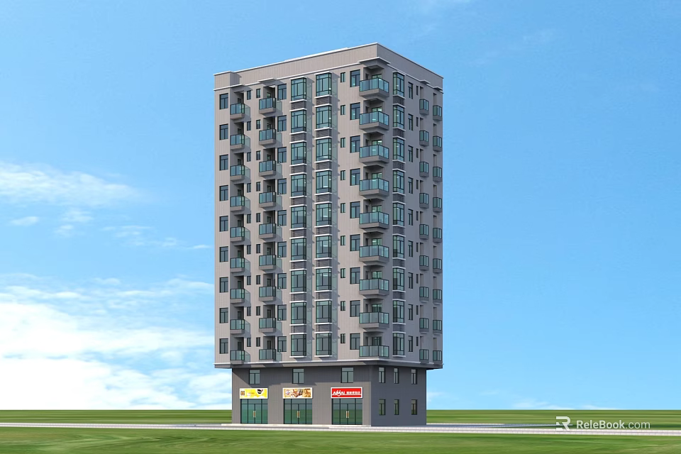 High Rise Residential Building With Windows Balconies Ground Floor Shops Blue Sky And Green Grass 3d model 