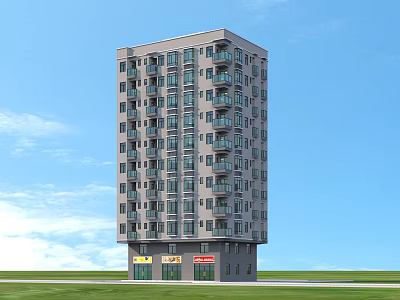 High Rise Residential Building With Windows Balconies Ground Floor Shops Blue Sky And Green Grass 3d model