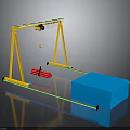 Yellow Gantry Crane Setup With Red Cylindrical Object And Blue Cuboid Structure