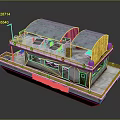 Floating Water Vessel With Blue Yellow Canopies Railing Platform And Windows