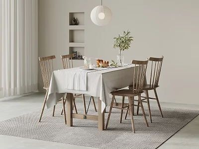 Elegant Dining Room Interior With Wooden Table White Tablecloth Chairs Shelf And Green Plant 3d model
