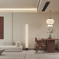 Modern Living Dining Room Interior With Projection Curved Sofa Stone Coffee Table And Open Shelves