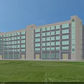 Modern Office Building With Light Gray White Exterior Large Windows Green Lawn And Blue Sky