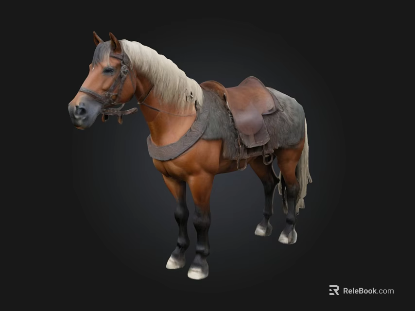 Brown Horse With Leather Saddle And Reins Standing On Dark Background 3d model 