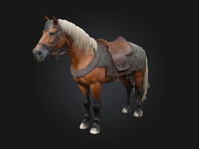Brown Horse With Leather Saddle And Reins Standing On Dark Background 3d model