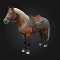 Brown Horse With Leather Saddle And Reins Standing On Dark Background