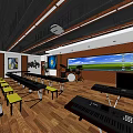 School Music Classroom With Long Tables Yellow Benches Piano Large Screen And Wooden Floors