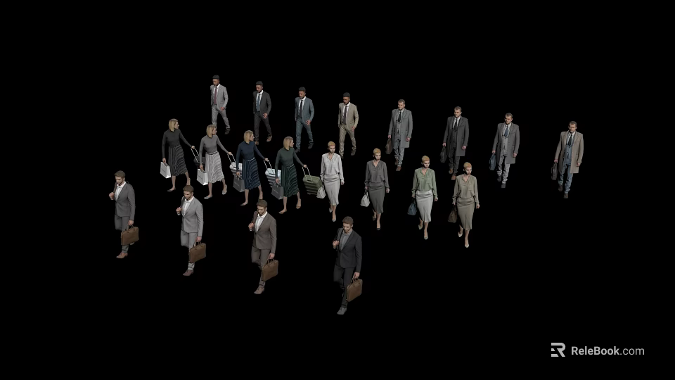 Group of Business People in Formal Attire Carrying Briefcases Walking Together 3d model 