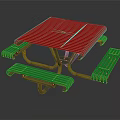 Square Red Outdoor Picnic Table With Green Benches And Black Legs