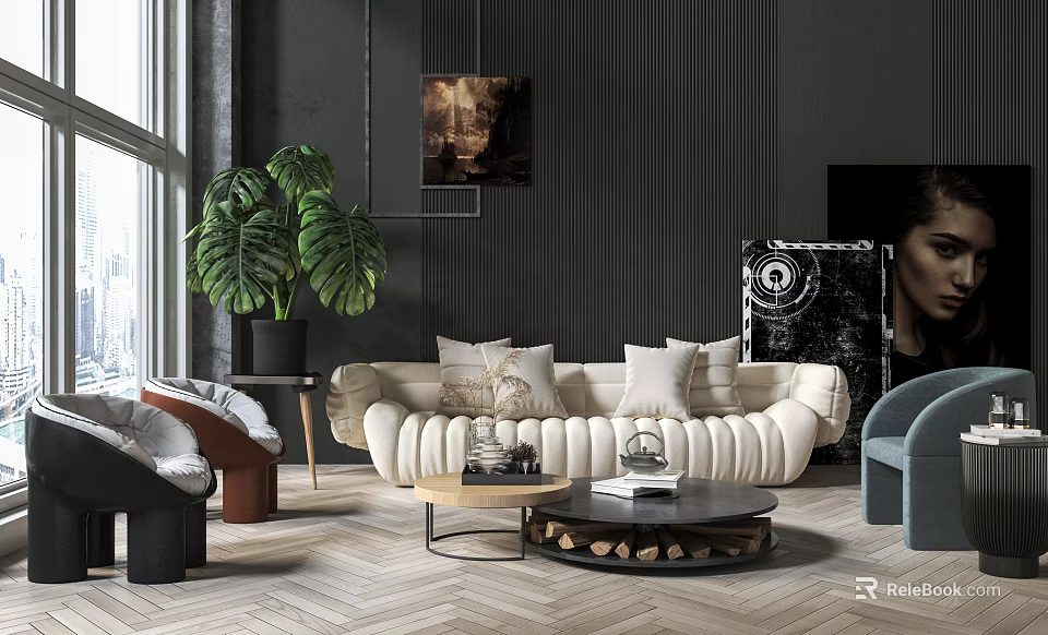 Modern Beige Tufted Sofa And Coffee Table Set With Monstera Plant Wall Art Patterned Floor 3d model 