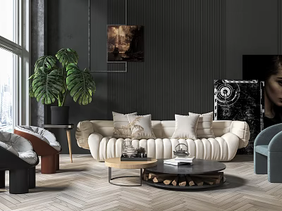 Modern Beige Tufted Sofa And Coffee Table Set With Monstera Plant Wall Art Patterned Floor 3d model
