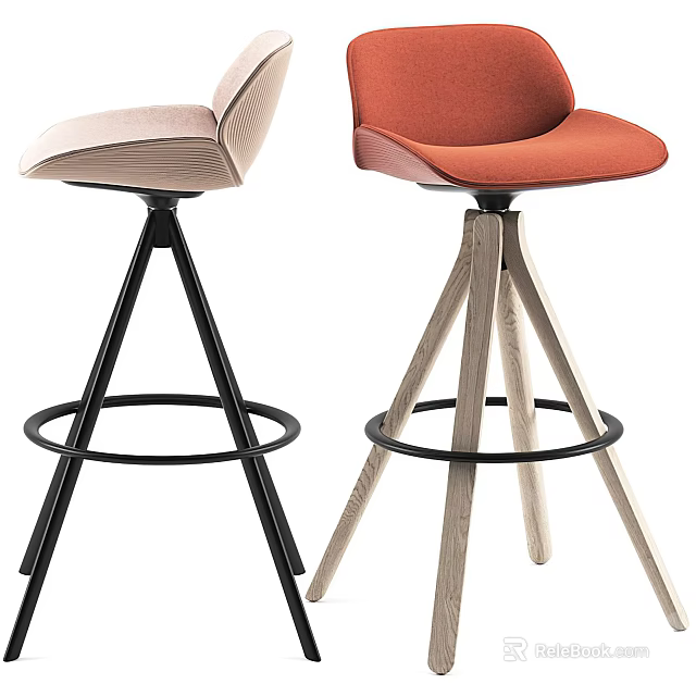 Modern Bar Stools With Pink Orange Velvet Seats Metal And Wooden Legs Round Footrest 3d model 