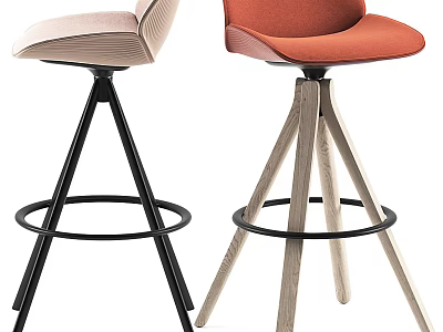Modern Bar Stools With Pink Orange Velvet Seats Metal And Wooden Legs Round Footrest 3d model