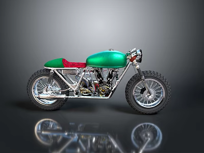Vintage Custom Motorcycle With Green Body Red Seat Sleek Design Metallic Engine And Black Wheels 3d model
