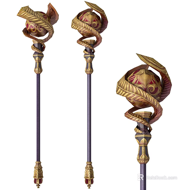 Ornate Golden Scepter Weapon With Red Accents Entwined Serpent Leaf Motifs And Orb Top 3d model 