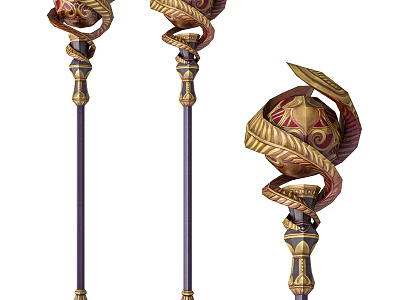 Ornate Golden Scepter Weapon With Red Accents Entwined Serpent Leaf Motifs And Orb Top 3d model