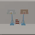 Basketball Court With Two Basketball Hoops Green Pink Borders Blue Stands And Red Basketballs