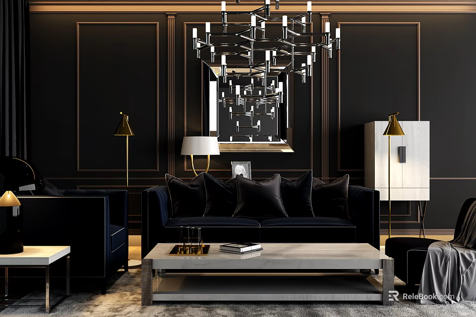 Luxury Modern Sofa And Coffee Table Set In Living Room With Chandelier And Floor Lamps 3d model 