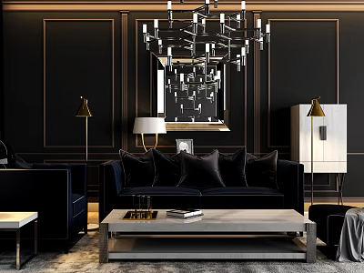 Luxury Modern Sofa And Coffee Table Set In Living Room With Chandelier And Floor Lamps 3d model