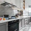 Modern Kitchen Interior With Light Gray Cabinets Marble Countertops Black Appliances Window And Knife Rack