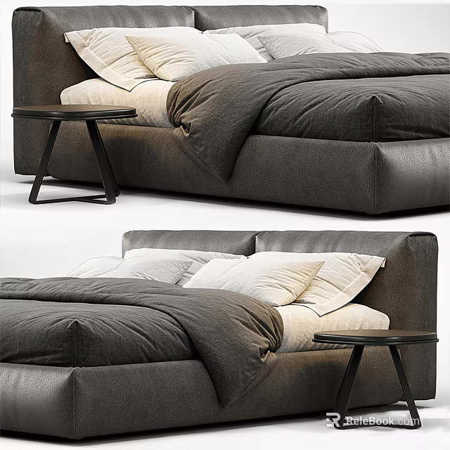 Modern Double Bed With Gray Upholstery White Pillows And Side Table 3d model