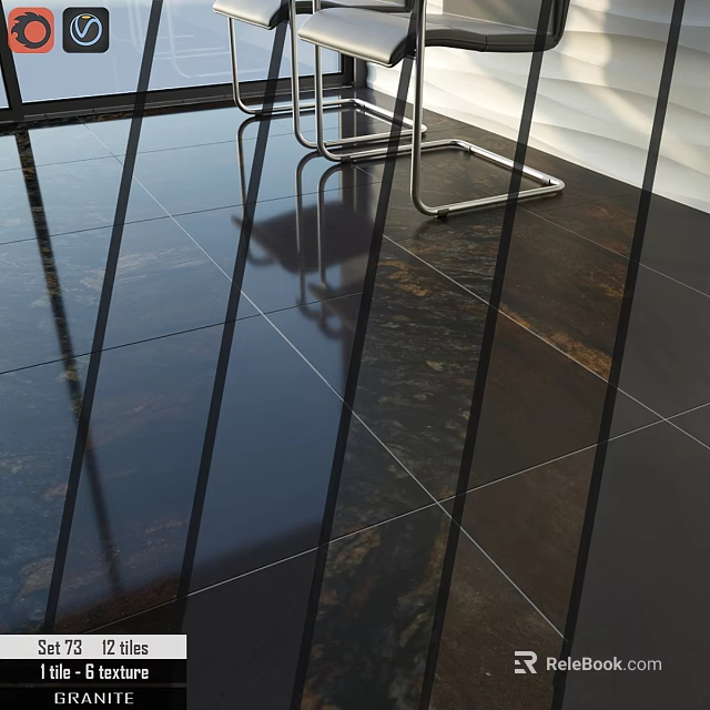 Black Ceramic Floor Tiles With Smooth Reflective Surface And Metal Frame Chairs 3d model