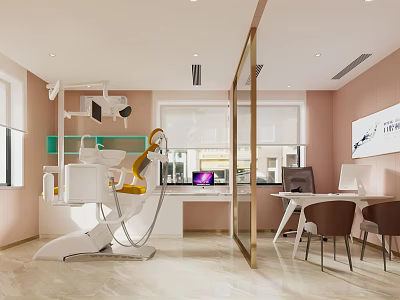 Modern Dental Clinic Interior With Pink Walls Dentist Chair Medical Equipment And Windows 3d model