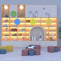 Colorful Kids Bookcase With Storage Shelves Toys Clocks Decorative Lighting And Colorful Stools