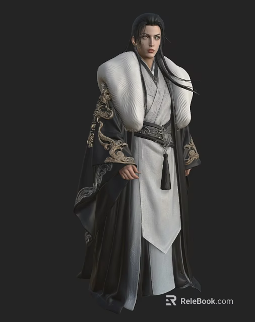 Man In Traditional Black And White Costume With Golden Dragon Embroidery And Fur Collar 3d model 